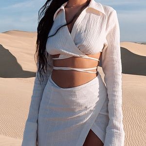 NWOT Prettylittlething Waffle Tie Crop Top